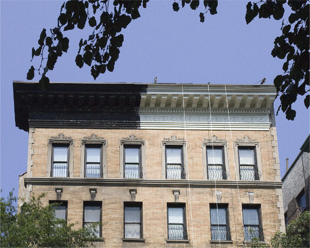 A building with a black and white roof